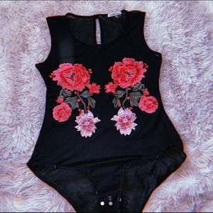 Sheer Black Flowery Leotard